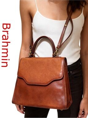 BRAHMIN
 Cognac Brown Leather Top-Handle Satchel with Strap, FlapBag